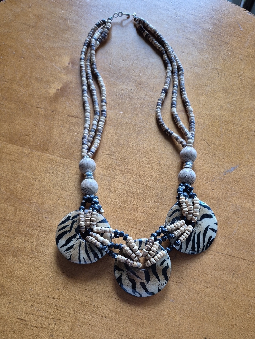 Handcrafted Beige and Black Zebra Pendant Beaded Necklace